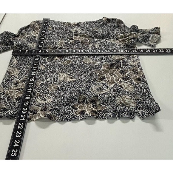 J Jill Top Womens Medium Black Tan Floral 100% Linen Short Sleeve Scoop Neck - Picture 6 of 8